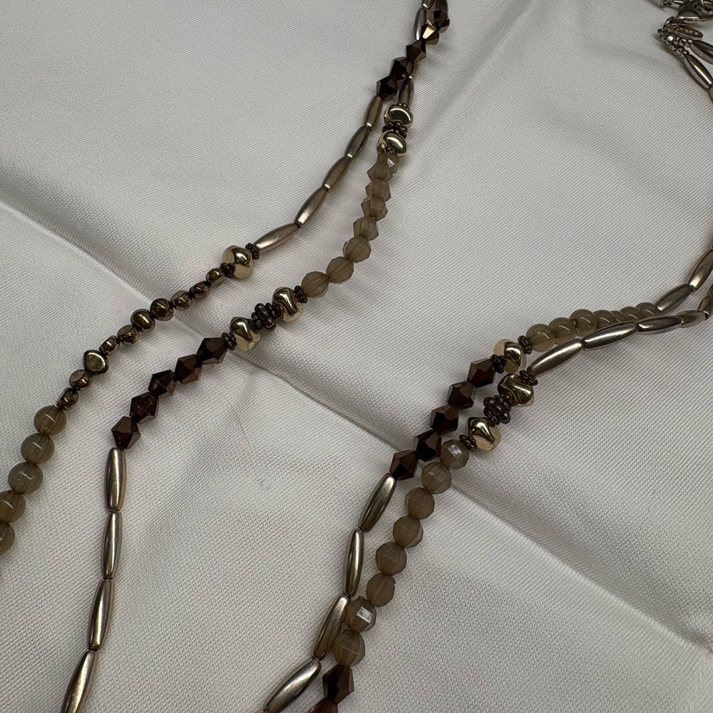 Chico’s Grey, Silver, Brown Tan Multi Strand Beaded Necklace Statement 16” Drop